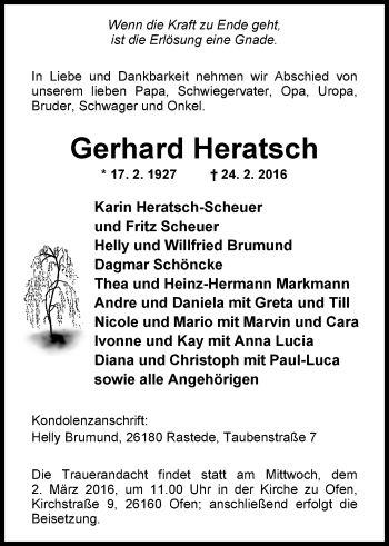 Traueranzeige von Gerhard Heratsch von Nordwest-Zeitung