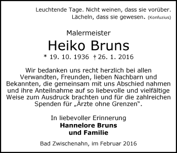 Traueranzeige von Heiko Bruns von Nordwest-Zeitung