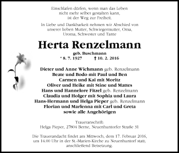 Traueranzeige von Herta Renzelmann von Nordwest-Zeitung