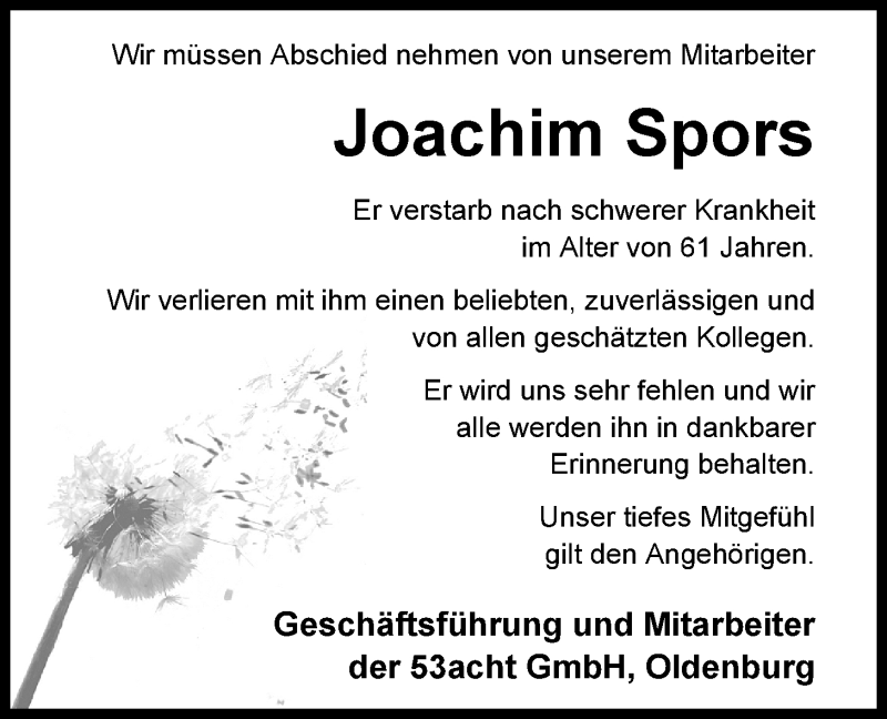  Traueranzeige für Joachim Spors vom 13.02.2016 aus Nordwest-Zeitung