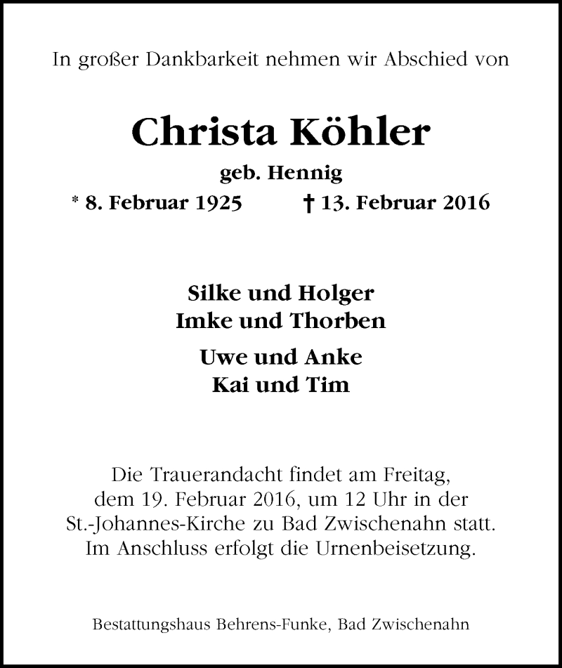  Traueranzeige für Christa Köhler vom 17.02.2016 aus Nordwest-Zeitung