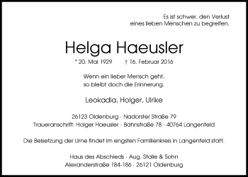 Traueranzeige von Helga Haeusler von Nordwest-Zeitung