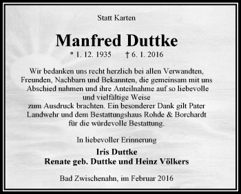 Traueranzeige von Manfred Duttke von Nordwest-Zeitung