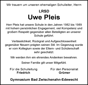 Traueranzeige von Uwe Tees Pleis von Nordwest-Zeitung
