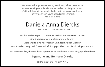 Traueranzeige von Daniela Anna Diercks von Nordwest-Zeitung
