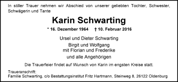 Traueranzeige von Karin Schwarting von Nordwest-Zeitung