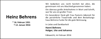 Traueranzeige von Heinz Behrens von Nordwest-Zeitung
