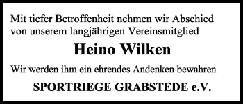 Traueranzeige von Heino Wilken von Nordwest-Zeitung