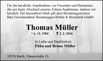 Traueranzeige von Thomas Müller von Nordwest-Zeitung