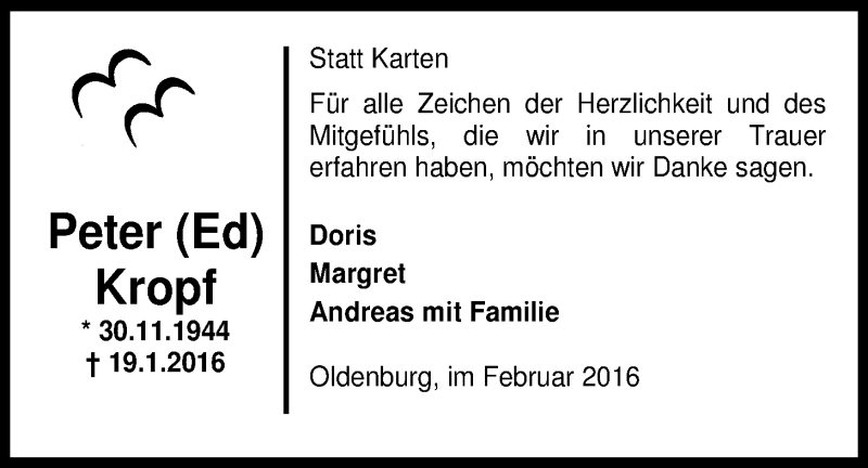  Traueranzeige für Peter Kropf vom 20.02.2016 aus Nordwest-Zeitung