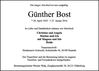 Traueranzeige von Günther Bost von Nordwest-Zeitung