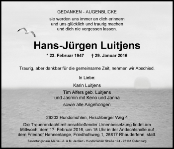 Traueranzeige von Hans-Jürgen Luitjens von Nordwest-Zeitung