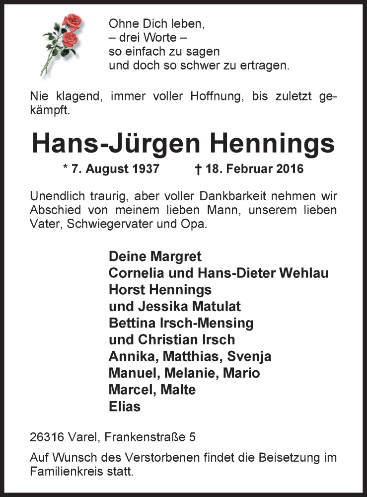  Traueranzeige für Hans-Jürgen Hennings vom 20.02.2016 aus Nordwest-Zeitung
