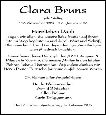 Traueranzeige von Clara Bruns von Nordwest-Zeitung