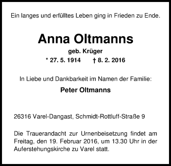 Traueranzeige von Anna Oltmanns von Nordwest-Zeitung