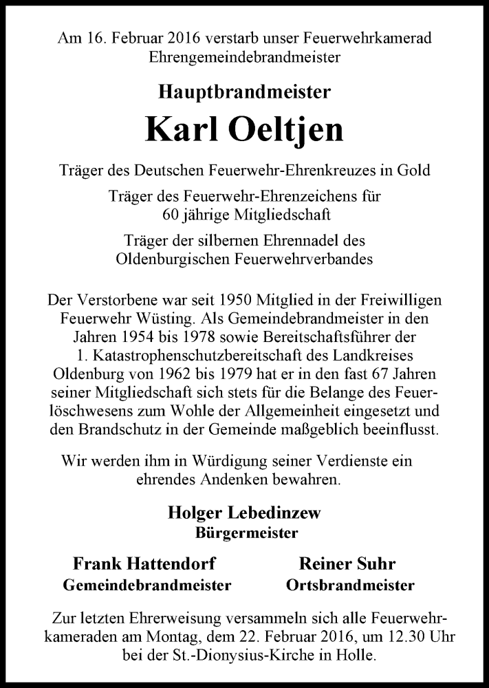  Traueranzeige für Karl Oeltjen vom 19.02.2016 aus Nordwest-Zeitung