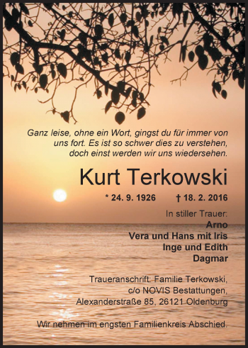 Traueranzeige von Kurt Terkowski von Nordwest-Zeitung