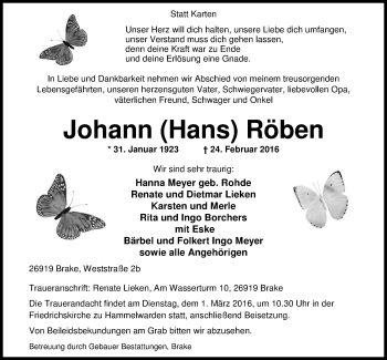 Traueranzeige von Johann (Hans) Röben von Nordwest-Zeitung