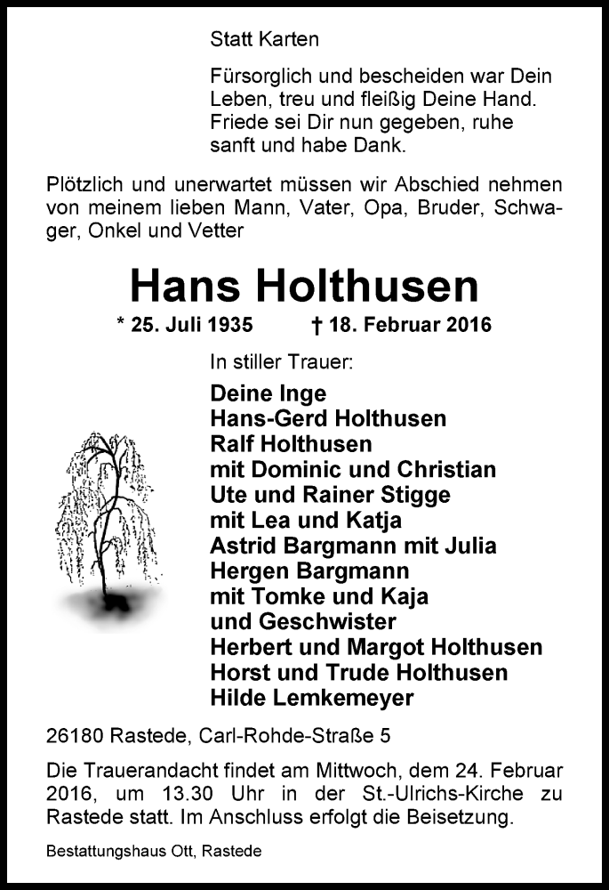  Traueranzeige für Hans Holthusen vom 20.02.2016 aus Nordwest-Zeitung