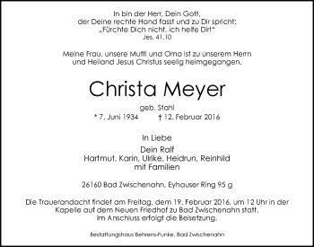 Traueranzeige von Christa Meyer von Nordwest-Zeitung