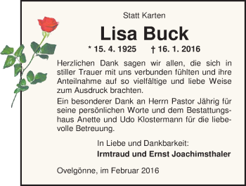 Traueranzeige von Lisa Buck von Nordwest-Zeitung