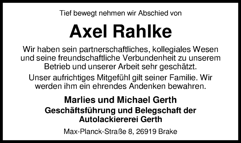  Traueranzeige für Axel Rahlke vom 16.02.2016 aus Nordwest-Zeitung