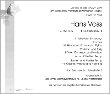 Traueranzeige von Hans Voss von Nordwest-Zeitung