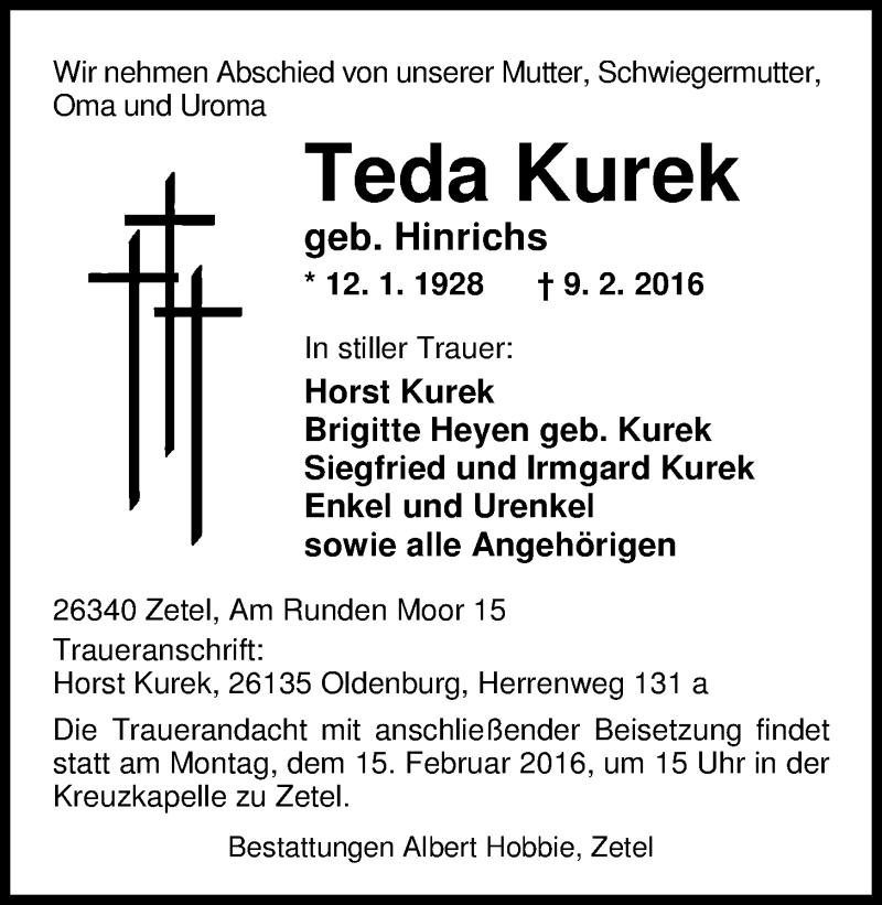  Traueranzeige für Teda Kurek vom 12.02.2016 aus Nordwest-Zeitung