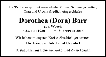 Traueranzeige von Dorothea (Dora) Barr von Nordwest-Zeitung