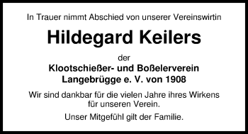 Traueranzeige von Hildegard Keilers von Nordwest-Zeitung