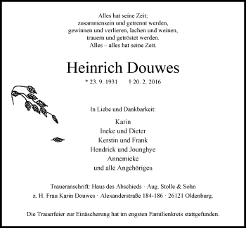 Traueranzeige von Heinrich Douwes von Nordwest-Zeitung