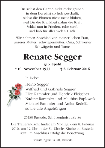 Traueranzeige von Renate Segger von Nordwest-Zeitung