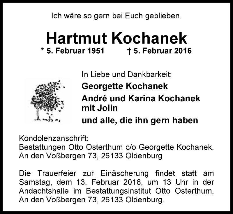  Traueranzeige für Hartmut Kochanek vom 09.02.2016 aus Nordwest-Zeitung