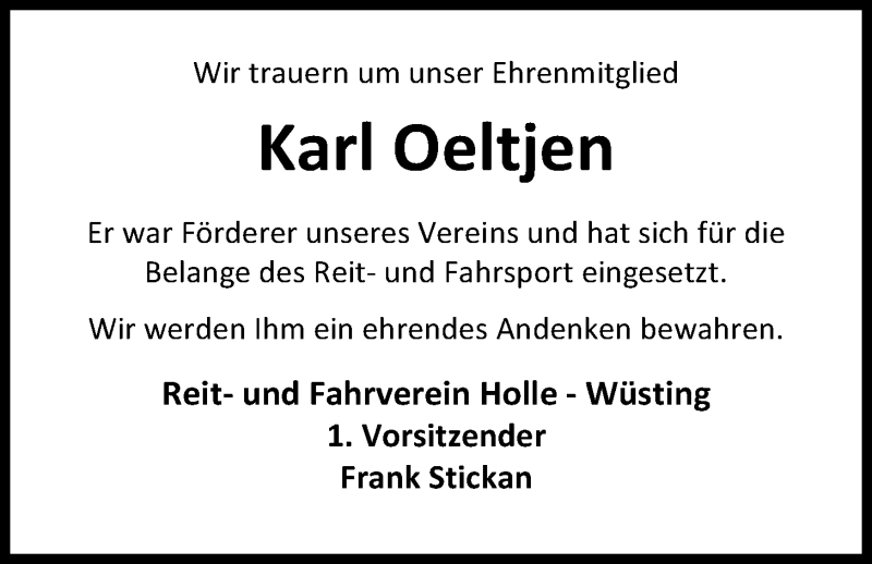  Traueranzeige für Karl Oeltjen vom 20.02.2016 aus Nordwest-Zeitung