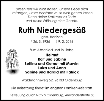 Traueranzeige von Ruth Niedergesäß von Nordwest-Zeitung
