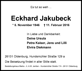 Traueranzeige von Eckhard Jakubeck von Nordwest-Zeitung