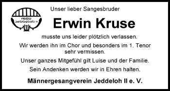 Traueranzeige von Erwin Kruse von Nordwest-Zeitung