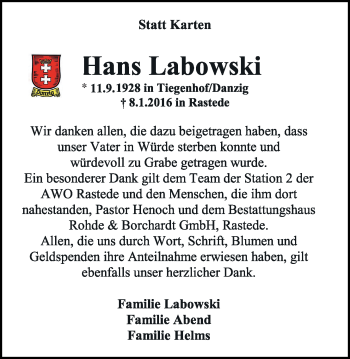 Traueranzeige von Hans Labowski von Nordwest-Zeitung