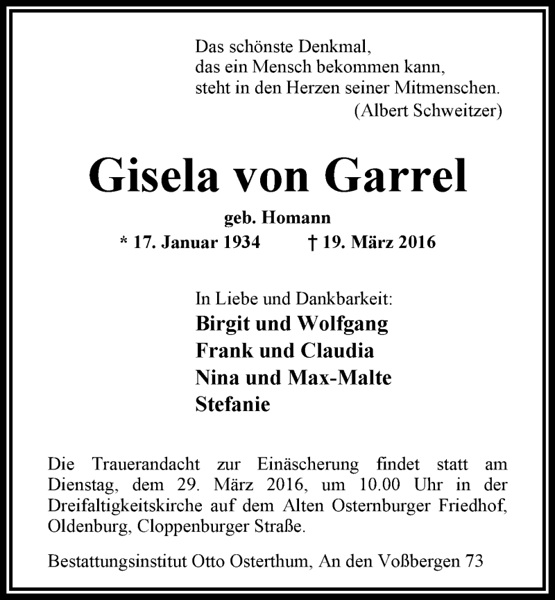  Traueranzeige für Gisela von Garrel  vom 24.03.2016 aus Nordwest-Zeitung