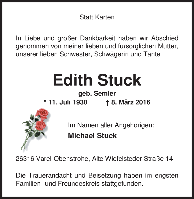  Traueranzeige für Edith Stuck vom 19.03.2016 aus Nordwest-Zeitung
