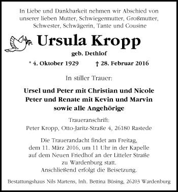 Traueranzeige von Ursula Kropp von Nordwest-Zeitung