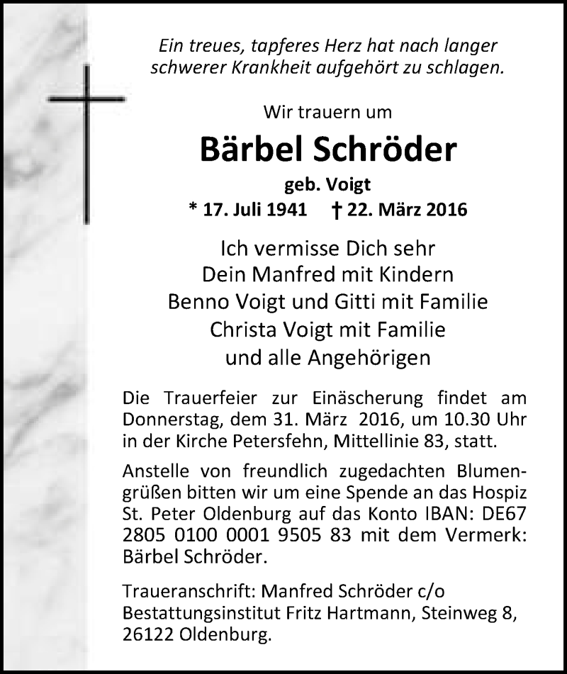  Traueranzeige für Bärbel Schröder vom 26.03.2016 aus Nordwest-Zeitung