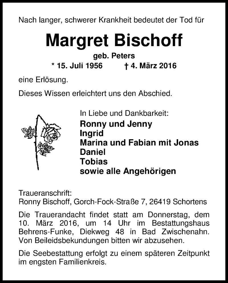  Traueranzeige für Margret Bischoff vom 07.03.2016 aus Nordwest-Zeitung