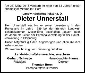 Traueranzeige von Dieter Unnerstall von Nordwest-Zeitung