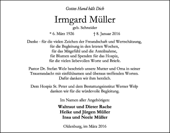 Traueranzeige von Irmgard Müller von Nordwest-Zeitung