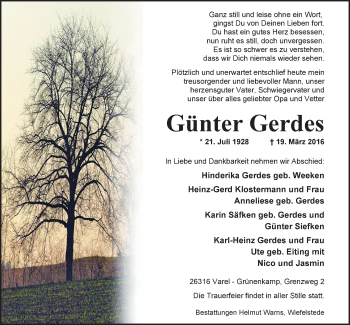 Traueranzeige von Günter Gerdes von Nordwest-Zeitung
