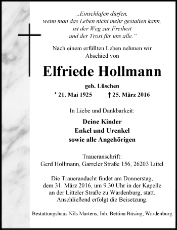 Traueranzeige von Elfriede Hollmann von Nordwest-Zeitung