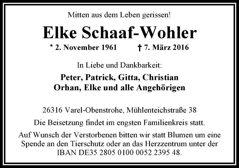  Traueranzeige für Elke Schaaf-Wohler vom 10.03.2016 aus Nordwest-Zeitung