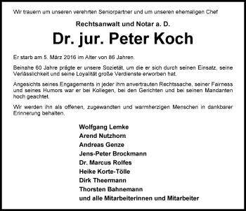 Traueranzeige von Dr. Peter Koch von Nordwest-Zeitung