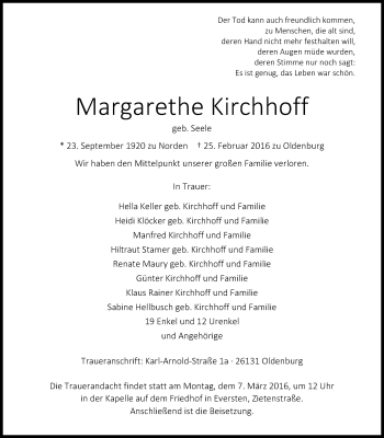 Traueranzeige von Margarethe Kirchhoff von Nordwest-Zeitung